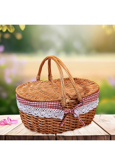 Homyl Piknik Sepeti Kırsal Pratik Hasır Depolama Park Açık Kırmızı Kareli