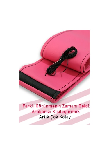 Citroen C1 Pembe İçin Uyumlu Özel Süper Deri Siyah Yüzüklü Dikişli Direksiyon Kılıfı