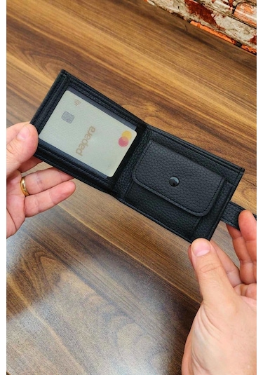 Erkek Cüzdan Bozuk Para Cepli Çıtçıtlı Kapak 8 Kart Cepli Modern Tasarım Siyah Renk Siyah