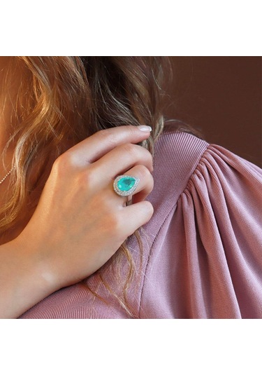 Paraiba Taşlı Damla Model 925 Ayar Gümüş Yüzük Gümüş