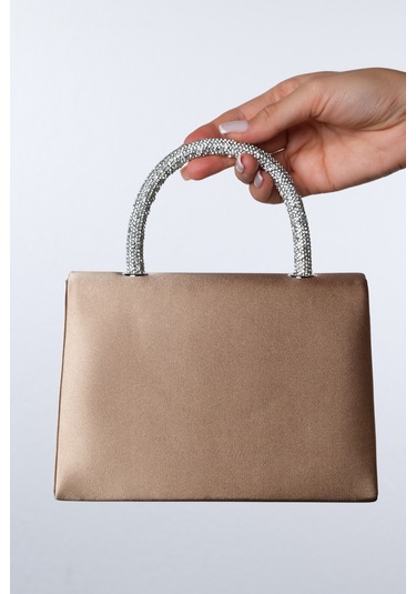 Valeria Koyu Bej Saten Taşlı Kadın El Çantası Koyu Bej