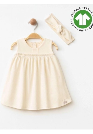 Zekids Kız Bebek Organik Pamuklu Bandanalı Kolsuz Elbise-15906 Krem