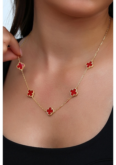 14k Altın Kaplamalı 925 Ayar Gümüş Granada Saray Yoncaları Kolye - Kırmızı 23182801 Altın