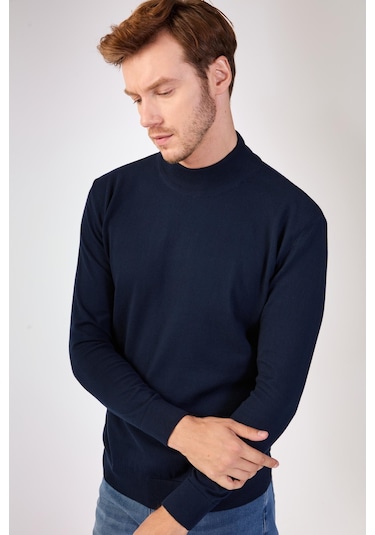 Dufy %100 Pamuk Düz Erkek Triko - Slim Fit Lacivert
