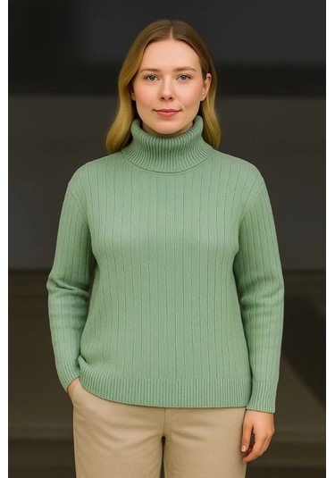 Balıkcı Yaka Bağazlı Triko Kazak Pamuklu Kalın Fitilli Dokuma - Mint Yeşili Mint Yeşili