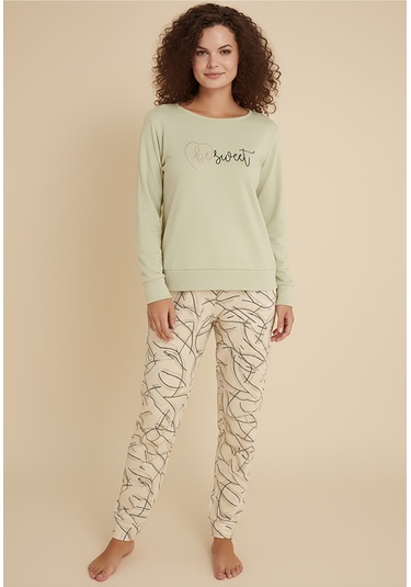 Luxury Thermal Be Sweet Yazılı Çizgili Desenli Kadın Polar Pijama Takımı 42040 Krem
