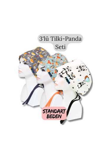 Standart Beden 3lü Tilki Panda Seti Antrasit Tilki Turkuaz Tilki Panda Cerrahi Bone Renkli