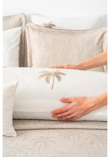 Palmiye Vizon Nakışlı Çift Kişilik Nevresimli Pike Seti - 8 Parça Çeyiz Seti Vizon