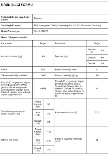 Siemens WM12US90TR 1200 Devir 9 KG Çamaşır Makinesi