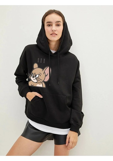 Sweatshirt Tom Ve Jerry Baskılı Kapşonlu Siyah2