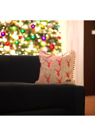 Püsküllü Jüt Kırlent 50 50 Kırmızı Geyik Desen