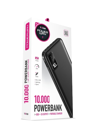 Powerway TX109 10.000 mAh Kablolu Dijital Göstergeli Dahili Stand Powerbank Siyah