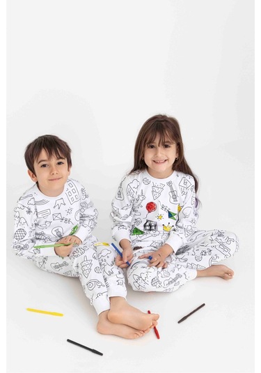 Boyanabilir Çocuk Pijama Takımı Kız Çocuk Pijama Erkek Çocuk Pijama Boya Beyaz
