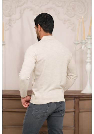 Woolen World Polo Yaka Slimfit Desenli Yünlü Erkek Triko Kazak Krem