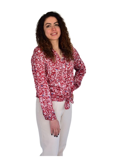 Kadın Saten Baskıkılı Desen Uzun Kol Gömlek Bgl-st04214 Kırmızı