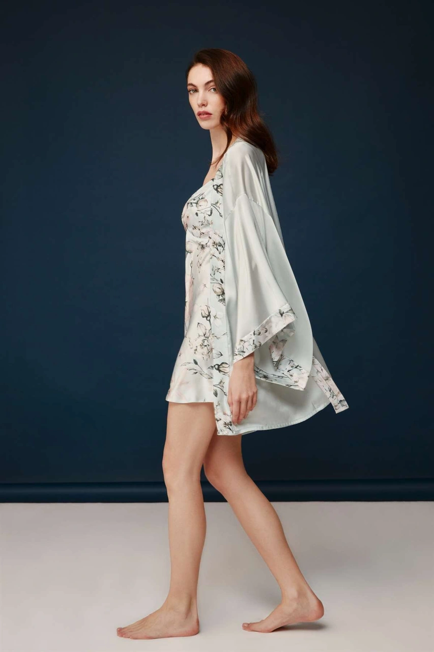 Bonnie&clyde - Kadın Baskılı Saten Gecelik Sabahlık Takımı Baskılı