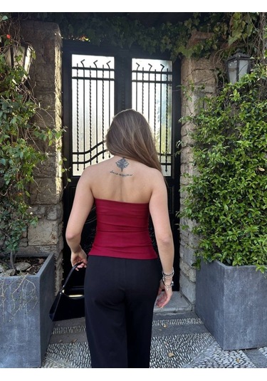 Kadın Ottoman Kumaş Düğme Detaylı Büstiyer Crop Kırmızı