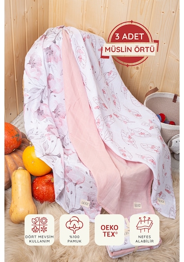 Luckka Dijital Baskılı 3'lü Müslin Örtü Seti - 75x75 Cm - Zt5000 Pembe Pembe