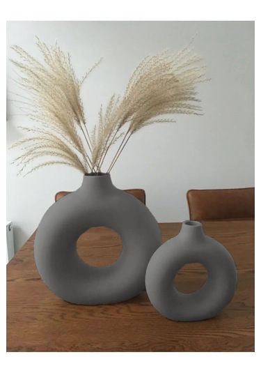 Halka Bohem Vazo 2'li Dekoratif Donut Vase Gri