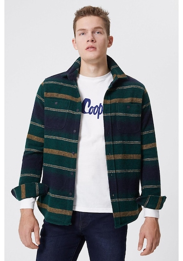 Lee Cooper Cıtymap Erkek Dokuma U.kol Gömlek Yeşil-sarı Çizgili -16025 Yeşil