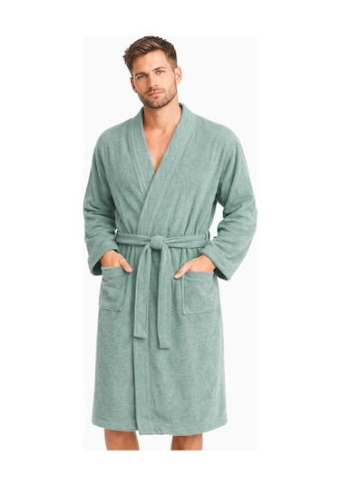 Kimono Yaka Unisex Pamuklu Tek Kişilik Bornoz Yeşil Renkli