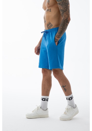 Erkek Mavi Yüksek Kalite Relax-fit Rahat Kesim %100 Pamuk Bağcıklı Siyah Düz Basic Şort Mavi