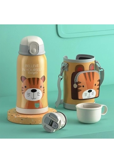 Yüksek Değerli 550ml Çift Katmanlı Çocuk Termos Şişesi Dış Mekan Seyahat Karikatür Bardağı 316 Paslanmaz Çelik Termos Bardak, Saman Yalıtımlı Bardak 9ry379 Sarı