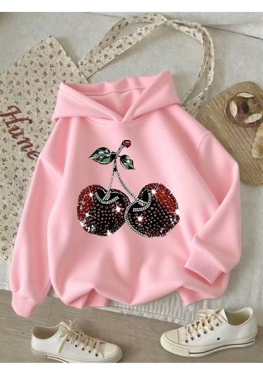 Kışlık Kapüşonlu Sweatshirt, Çocuk We Kiraz Baskılı Pembe