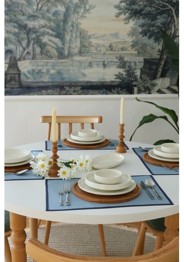 Yakacihome 4'lü Pera Mavi Biye Detaylı Duck Keten Yıkanabilir, Leke Tutmaz Supla Amerikan Servis Seti Mavi