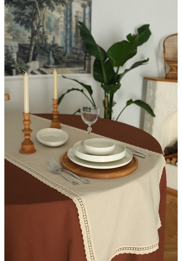 Yakacihome Elora Duck Keten Yıkanabilir Leke Tutmaz Cappuccino Kopenaki Dantel Detaylı Runner 40x140 Cm Krem