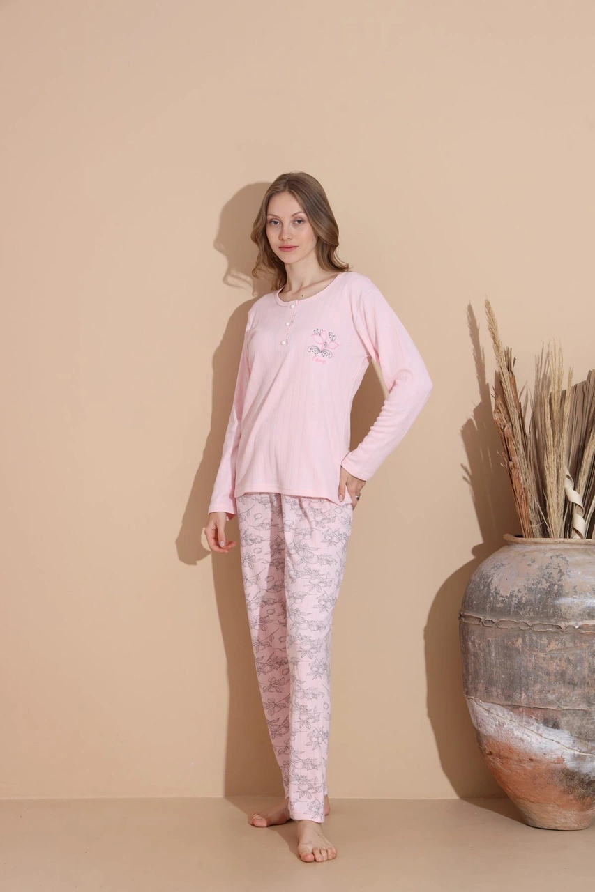 Lindros Kadın Pamuk'lu Düğme Yaka Raporlu İnterlok Kışlık Pijama Takımı 05033 - 1 Adet Pembe