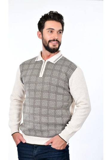 Kamalı Erkek Çelik Örgü Kazayağı Gömlek Yaka Fermuarlı Polo Yaka Tüylenmeyen Triko Kışlık Baba Kazak Taş