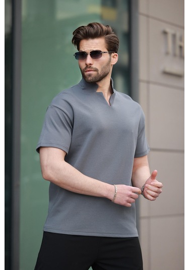 Madmext Füme Polo Yaka Erkek Basic T-shirt E7145 Füme