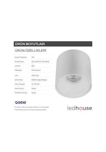 Spot Lamba Led 7W Silindir Beyaz Duvar Aydınlatma Armatür