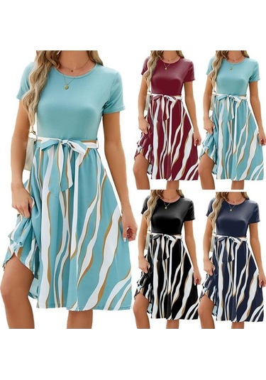 Novahub Yaz Kadın Bağcıklı Bel Çizgili Baskılı Midi Elbise, Düz Yuvarlak Yaka, Kısa Kollu, İnce A Kesim, Lacivert, Evet, Soğuk Su Yıkama Lacivert