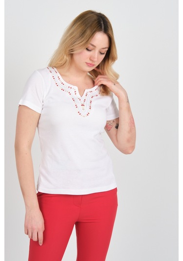 Ella Camelia Kadın Açma Yaka Taşlı Ve Desenli Pamuklu Bluz 23e010 Beyaz Beyaz