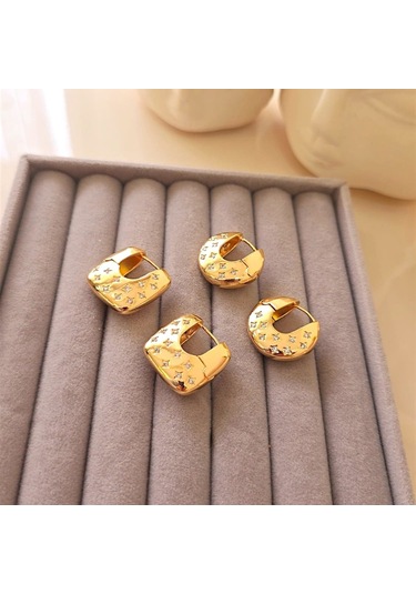 Yıldız Taşlı Oval Halka Çelik Küpe Altın