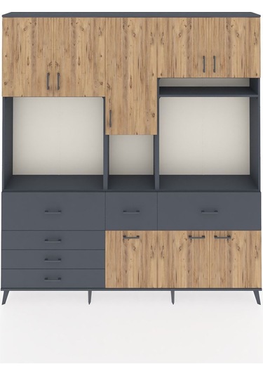 Arges Dolap 10 Raflı 6 Çekmeceli 8 Kapaklı 220x30x243 Antrasit-çam/antrasit Atlas Çam/antrasıt
