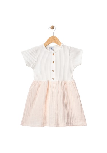 Raporlu Düğmeli Müslin Elbise Pembe