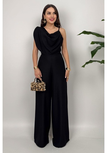 Élan Kadın Siyah Drapeli Detaylı Tulum Dokulu Kumaş Şıklığı Siyah