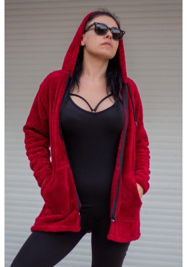 Kadın Kırmızı Peluş Kalın Fermuarlı Kapüşonlu Cepli Ceket 23kcktmy50 001