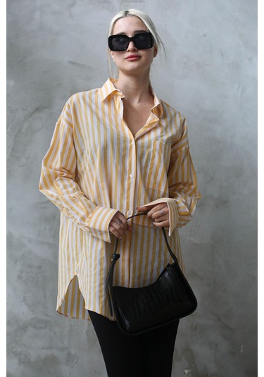 Madmext Sarı Çizgili Oversize Kadın Gömlek Mg1688-sarı Sarı