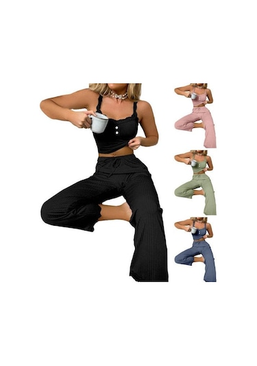 2 Adet/takım Pantolon Üst Takım Elbise Düşük Kesim V Yaka Kolsuz Düz Renk Büzgülü İpli Yüksek Elastik Bel Dantel Kadın Pijama Takımı Mor