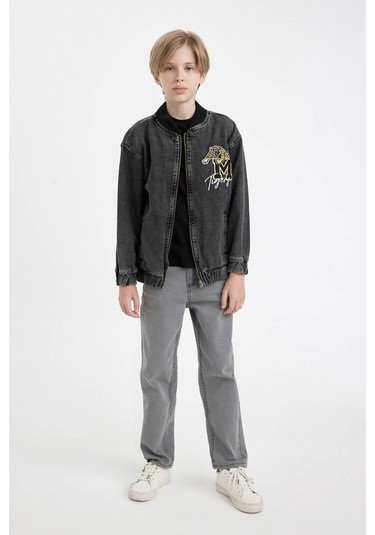 DeFacto Erkek Çocuk Kolej Yaka Fermuarlı Cepli Mevsimlik Baskılı Jean Bomber Ceket C3685A824AUNM55
