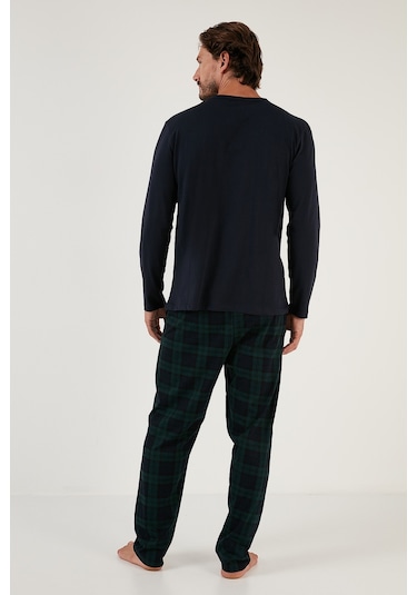 Buratti Ekoseli Cepli Beli Lastikli % 100 Pamuk Regular Fit Erkek Pijama Takımı 6572001 Lacivert