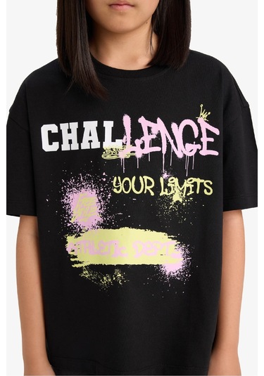 Defacto Kız Çocuk Oversize Geniş Kalıp Bisiklet Yaka Baskılı Kısa Kollu Tişört E0386a825smbk81 Siyah