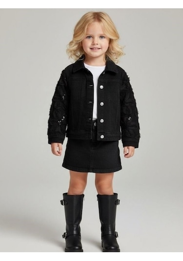 Zekids Kız Çocuk Çiçek İşlemeli Tasarım Ceket-17123 Siyah