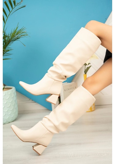 Syt-2002 Bej Körüklü Kalın Topuklu Günlük Bayan Çizme Resimdeki Renk