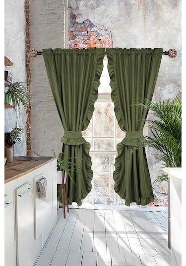 Poli Perde Çift Kanat Dikey Fırfırlı Zümrüt Yeşili