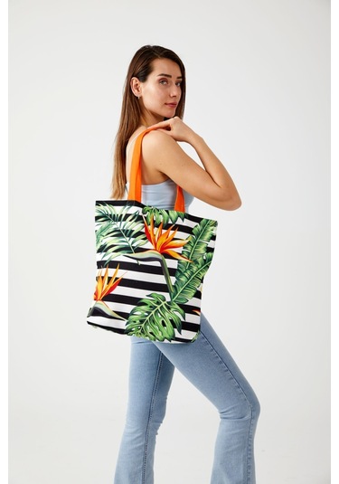 Kadın Siyah Beyaz Tropikal Yaprak Bez Alışveriş Plaj Çantası Beyaz - Siyah